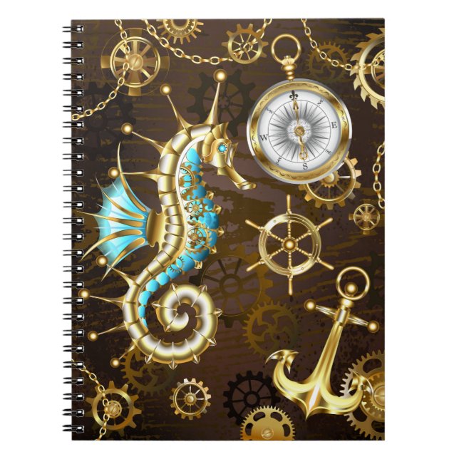 Cuaderno Fondo de madera con caballito de mar mecánico (Frente)