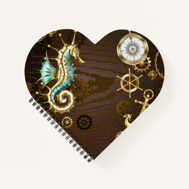 Cuaderno Fondo de madera con caballito de mar mecánico (Anverso)