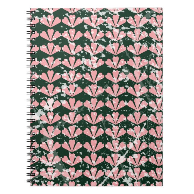 Cuaderno fondo de patrón de grano, corazones, flor, rosado. (Frente)