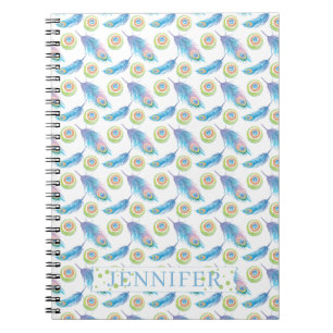 Cuaderno Fondo de Plumas de Pavo Real Azul con Nombre Perso