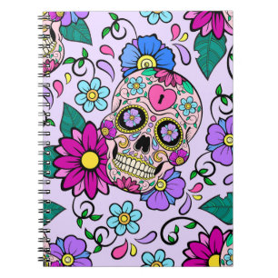 Cuaderno Fondo festivo con cráneos de azúcar, corazón y hur