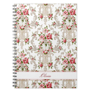 Cuaderno Fondo floral-blanco rococó francés personalizado