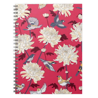 Cuaderno Fondo floral con aves y crisantemos vi