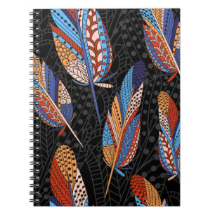 Cuaderno Fondo inoxidable con patrón de plumas coloridas.