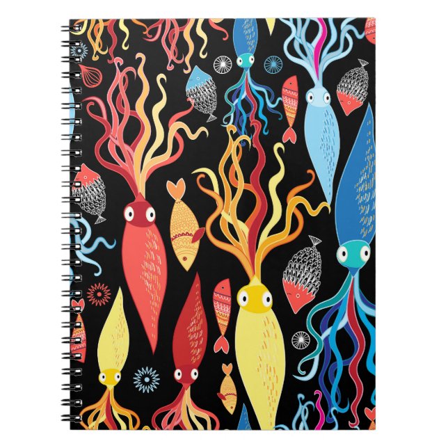 Cuaderno Fondo negro de peces de calamar multicolor (Frente)