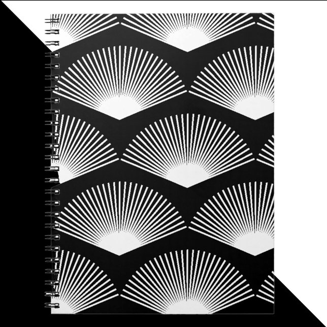 Cuaderno Fondo negro del patrón de ventilador blanco del Ar (A notebook with an art deco white fan pattern on a black background.)