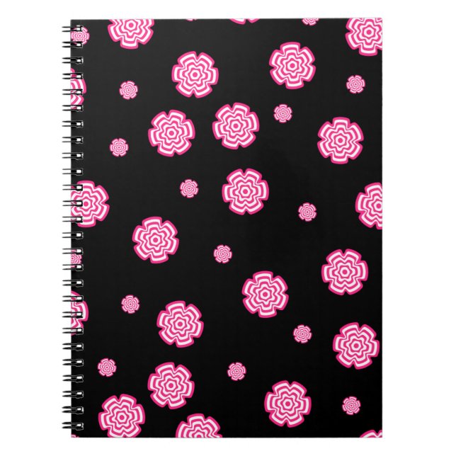 Cuaderno Fondo oscuro, flores rosa brillante estilizadas. (Frente)