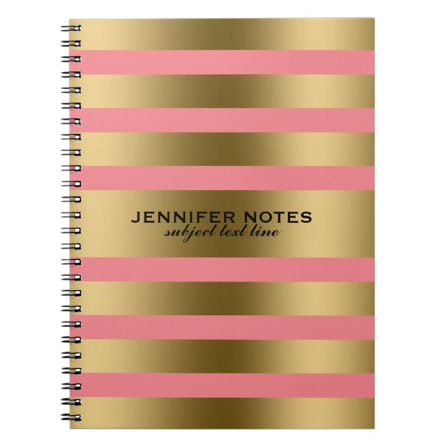 Cuaderno Fondo rosado de las franjas metálicas Faux Gold (Frente)