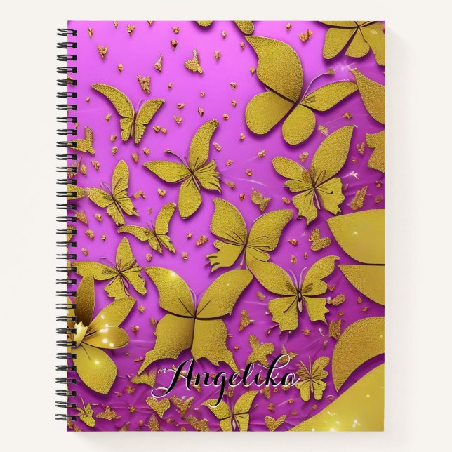 Cuaderno Fondo rosado de las mariposas Purpurinas de oro (Anverso)