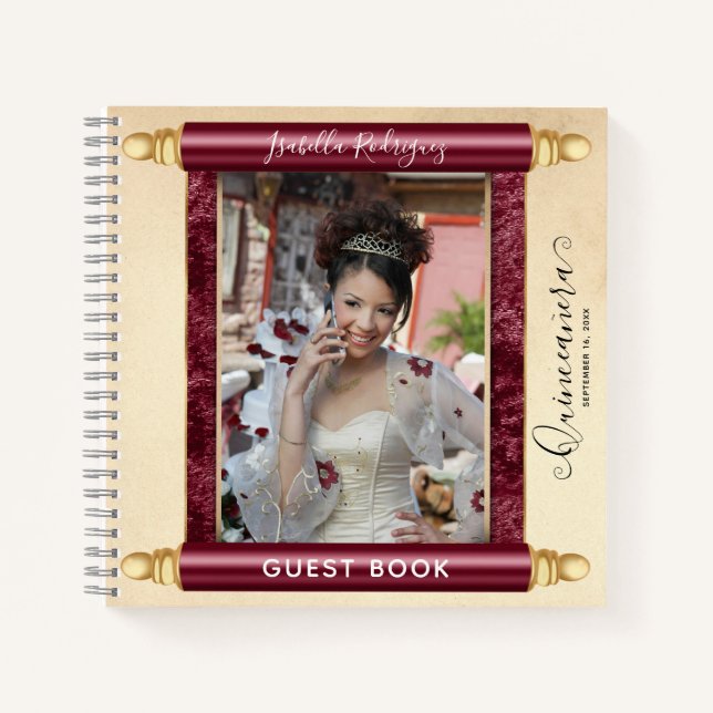 Cuaderno Foto de Burgundy Foto de invitado de Quinceañera (Anverso)