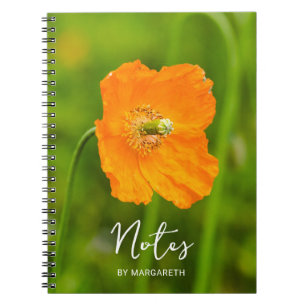 Cuaderno Foto de flor de amapola naranja de verano y texto