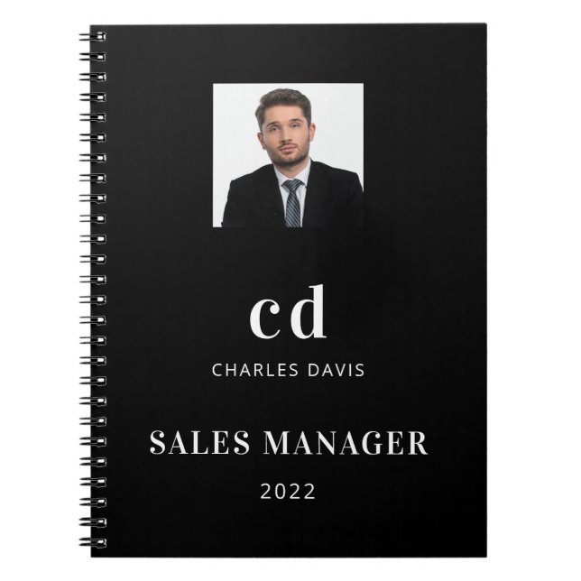 Cuaderno Foto de iniciales de nombre en blanco y negro nego (Frente)