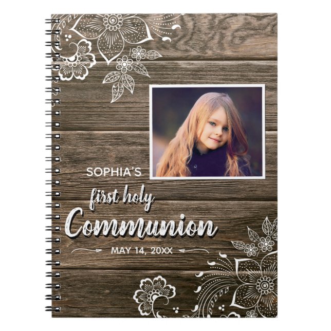 Cuaderno Foto de la primera comunión de Rustic Wood Lace (Frente)