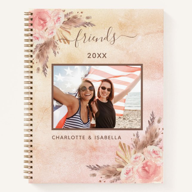 Cuaderno Foto de mejores amigas pampas rosa floral dorado r (Anverso)
