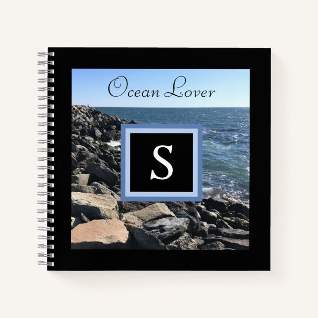 Cuaderno Foto de olas y rocas marco inicial negro (Anverso)