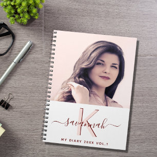 Cuaderno Foto de personalizado de color rosa blanco monogra