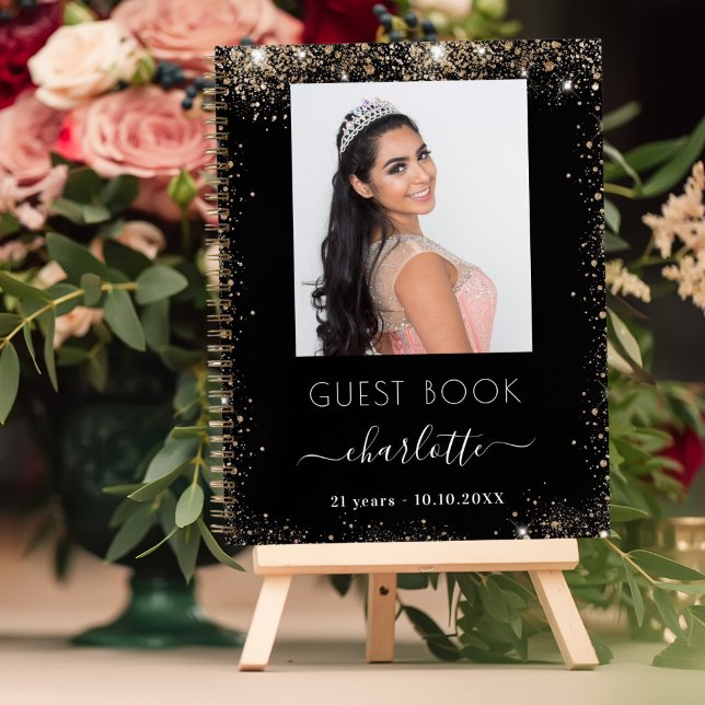 Cuaderno Foto de purpurina de oro negro de cumpleaños de li (Subido por el creador)