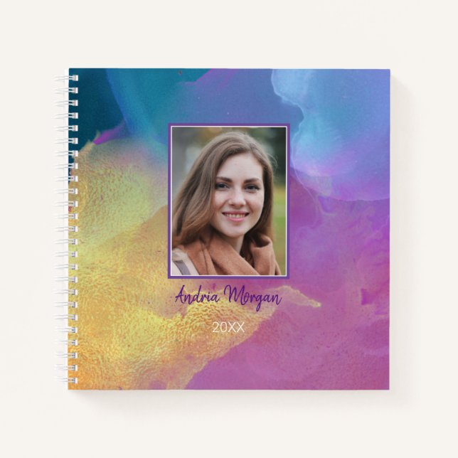 Cuaderno Foto DIY/Nombre/Año/Azul dorado y arte púrpura (Anverso)