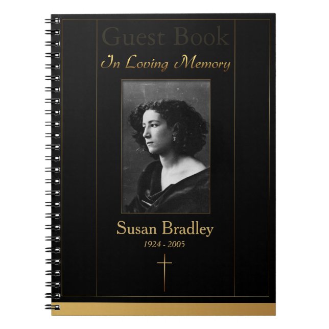 Cuaderno Foto Funeral Guest Book con tubería de oro + Cruz (Frente)