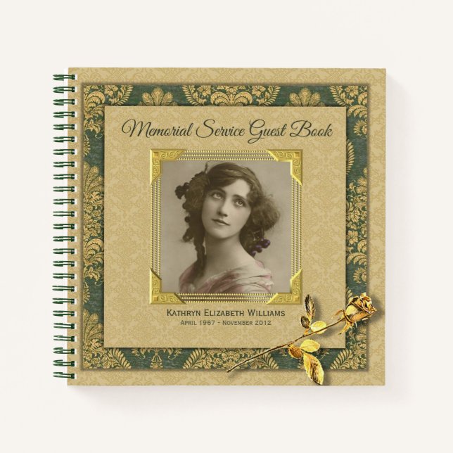 Cuaderno FOTO Memorial Service Gold Damask Rosa Guest Book (Anverso)