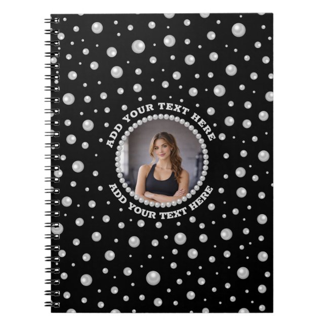 Cuaderno Foto personalizada con círculo de perlas sobre neg (Frente)