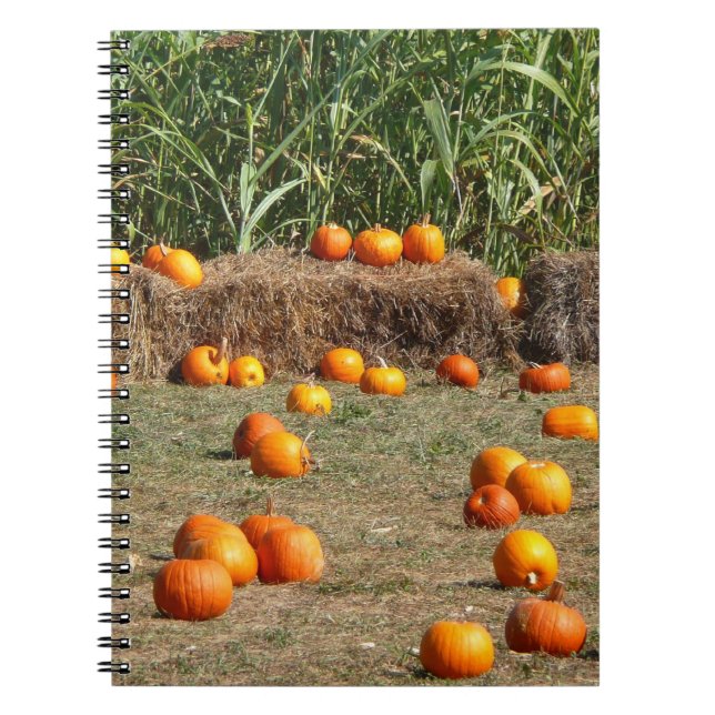 Cuaderno Fotografía de cosecha otoñal de calabazas, maíz y  (Frente)