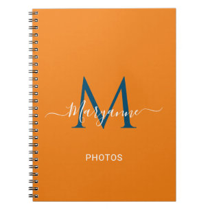 Cuaderno Fotos azules en monograma personalizado Naranja y 