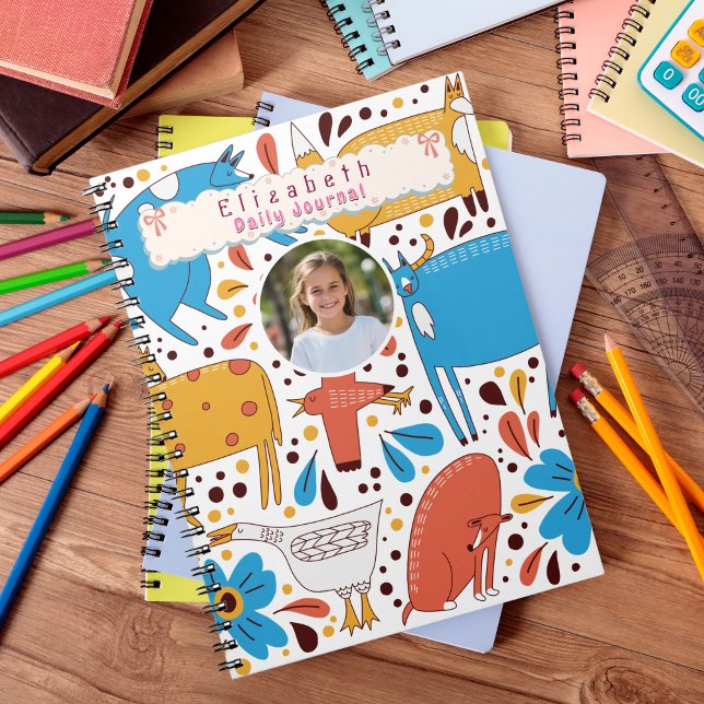 Cuaderno Fotos con nombre personalizado de animales dibujad (Cute Animal back to school custom notebook)