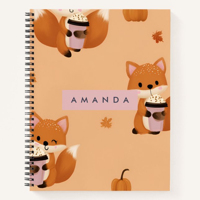 Cuaderno Fox otoño personalizada con patrón de café (Anverso)