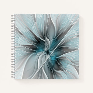 Cuaderno Fractal floral moderno abstracto flor azul gris