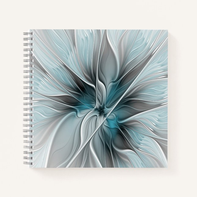 Cuaderno Fractal floral moderno abstracto flor azul gris (Anverso)