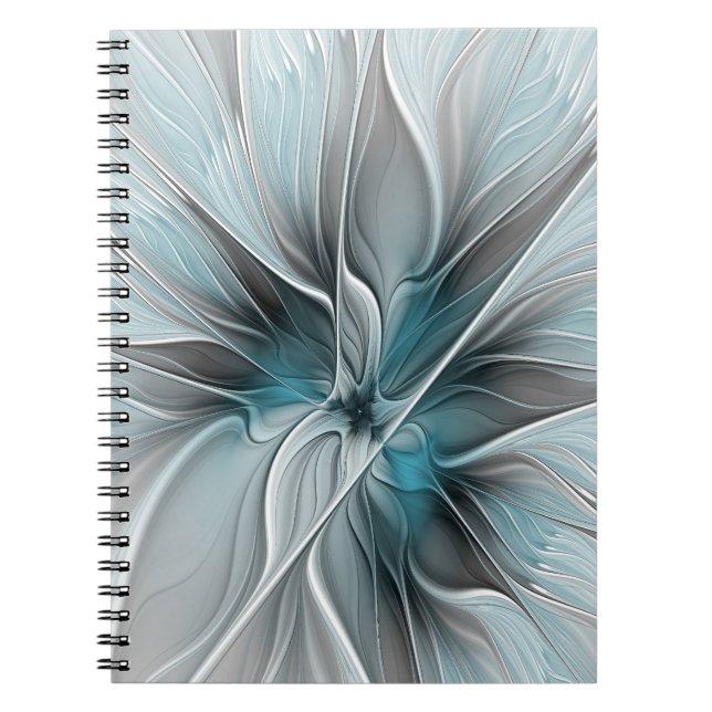 Cuaderno Fractal floral moderno abstracto flor azul gris (Frente)