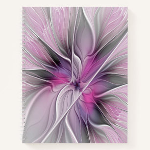 Cuaderno Fractal floral moderno abstracto flor rosa gris
