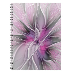 Cuaderno Fractal Floral Moderno Abstracto Flor Rosa Gris