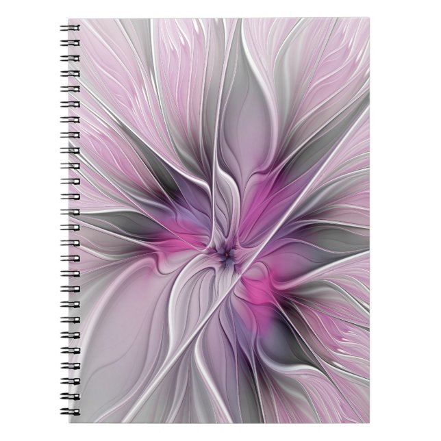 Cuaderno Fractal Floral Moderno Abstracto Flor Rosa Gris (Frente)