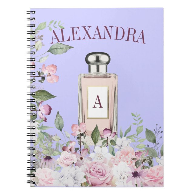 Cuaderno Frasco de Perfume Púrpura Floral Bonito Monograma (Frente)