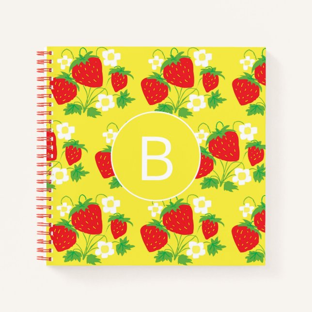 Cuaderno Fresa y Flor Amarillo Patrón Monogramado (Anverso)
