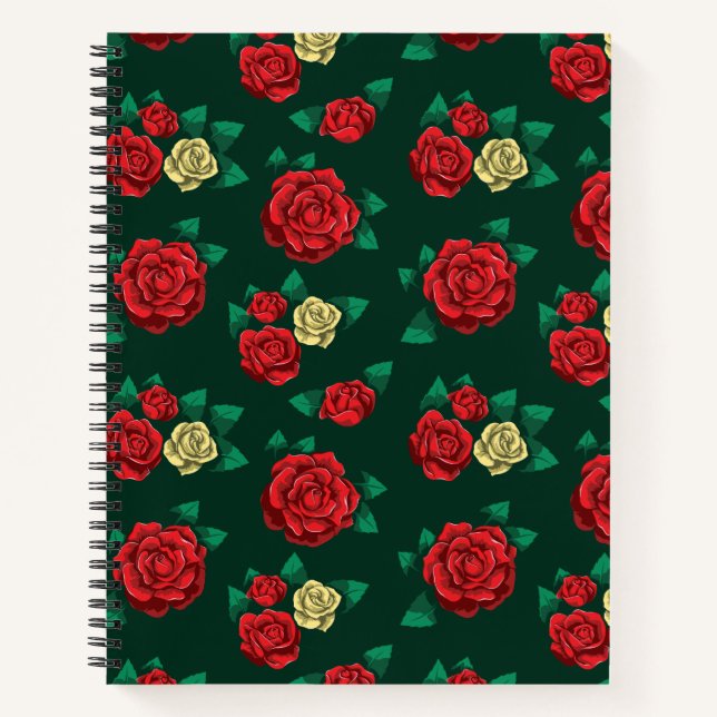 Cuaderno Frida Kahlo | Patrón Rosa rojo y dorado (Anverso)