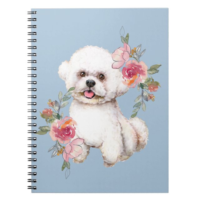 Cuaderno Frisa de Bichon con flores acuarela arte (Frente)
