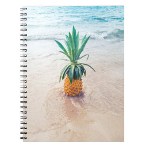 Cuaderno fruta de la piña en la orilla de la playa por la m