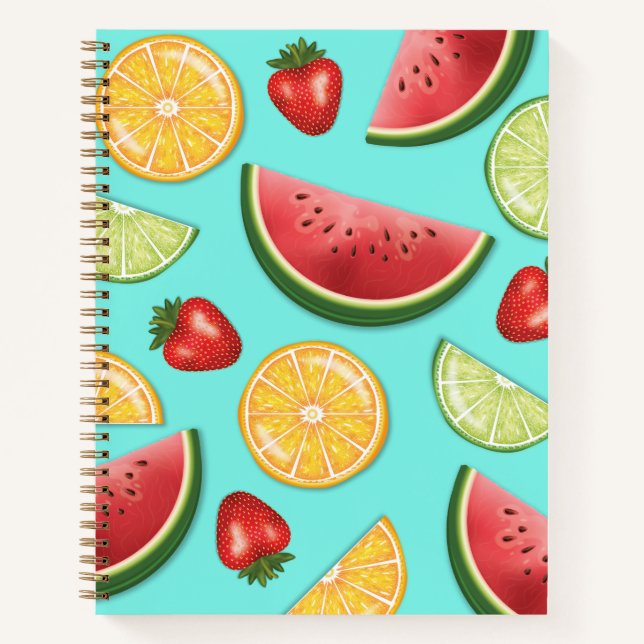 Cuaderno Frutas Coloridas Sobre Patrón de Comida de Verano  (Anverso)