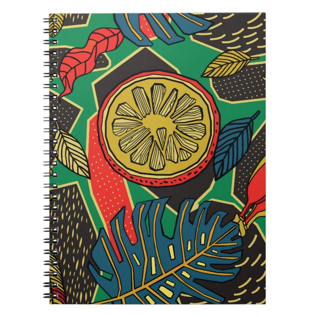 Cuaderno Frutas tropicales, hojas, doodle floral patrón. (Frente)