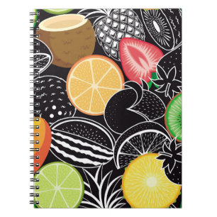 Cuaderno Frutos tropicales coloridos, fondo negro.