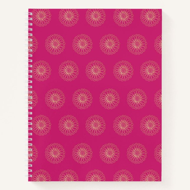 Cuaderno Fucsia | Medallones de Flor de Zinnia Dorada (Anverso)