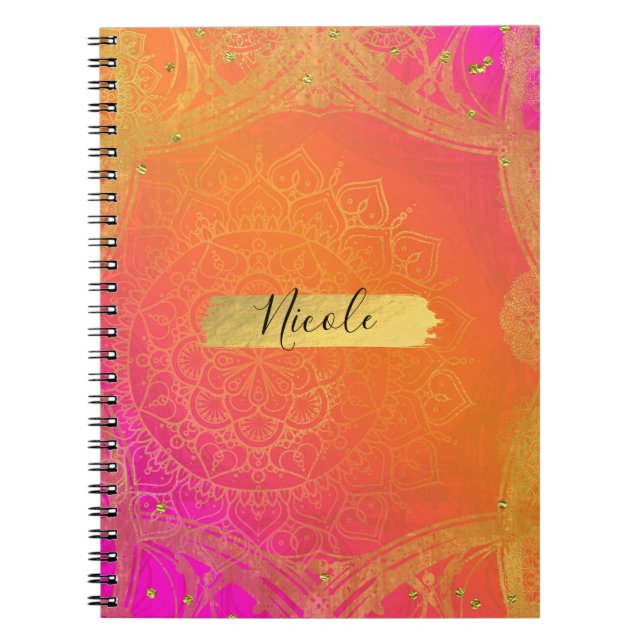 Cuaderno Fucsia Rosa Naranja y Dorado Mandala Indio Glam (Frente)