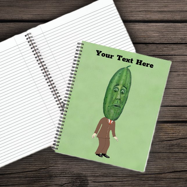 Cuaderno Fun Pickle Head Man Brown Suit Surprised Face (Fun man big pickle head surprised face in brown suit on green spiral notebook.)