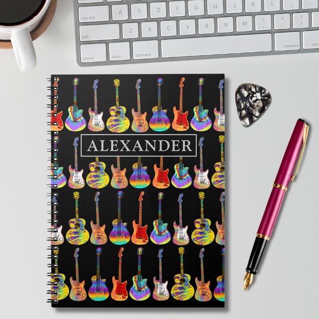 Cuaderno Funky Colorous Guitar Pattern Add Name (Funky colorful guitar pattern on black personalized name notebook for musician guitarist songwriting)