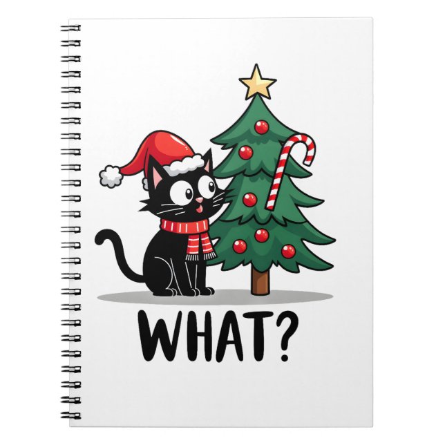 Cuaderno Funny Black Cat Gift Pushing Christmas Tree Over C (Frente)
