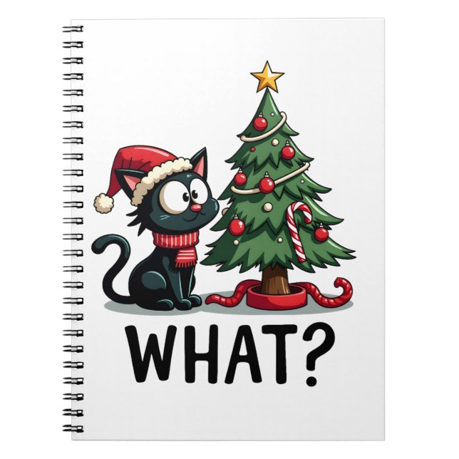 Cuaderno Funny Black Cat Gift Pushing Christmas Tree Over C (Frente)
