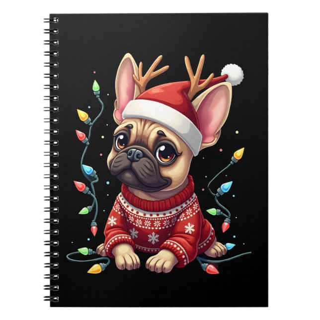 Cuaderno Funny French Bulldog Christmas Light Santa Hat Rei (Frente)
